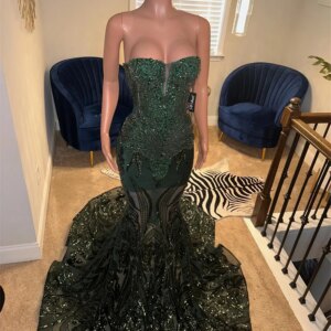 Sparkly Dark Green Rhinestone Prom Dresses For Black Girl Luxury Crystal Mermaid Evening Gown Bead Wedding Party 2025 Customized