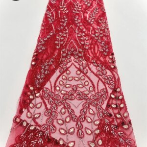 Red African Beaded Lace Fabric Nigerian Fabric 2025 High Quality Lace French Diamond Lace Fabric Women’s Evening Dress Material