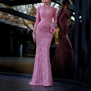 Luxury Pink Mother of the Bride Dresses V-neck Three Quarter Sleeves Floor Length Mermaid Flowers Smart Women Prom Banquet Gowns