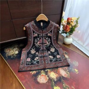 New Chinese heavy industry embroidery rayon jacquard waistcoat clip national style vest outside female