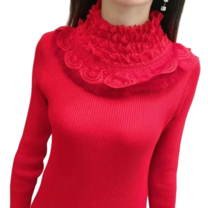 Women’s Long Sleeve Ruffled Lace Sweater, Pullover, Slim, Pull Knit, Half Turtleneck, Spring, New,
