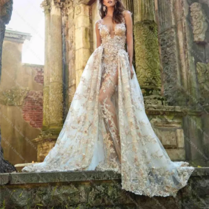 Chic Evening Dresses With Detachable Train Newest Sexy See Through Backless Deep V-Neck Lace Appliques Gowns vestidos de novia