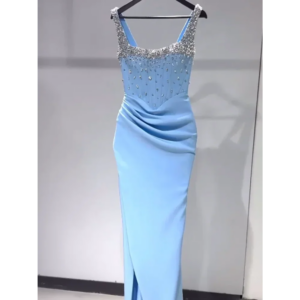 Sky Blue Prom Dresses Mermaid Cystal Decotion Women Square Neck Sleeveless Party Gowns Special Occasion Dresses