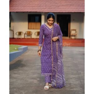 Purple Cotton Fabric Kurta Palazzo with Dupatta Set Readymade Salwar Kameez Suit Kurti