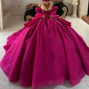 Rose Red Shiny Quinceanera Dresses Ball Gown Off The Shoulder Beading Crystal Bow Tull Party Birthday Sweet 16 Dress Vestidos 15