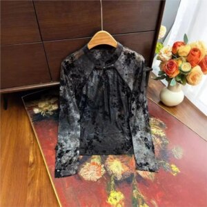 Flocking elastic mesh small shirt undercoat national style new Chinese improved cheongsam top female foreign