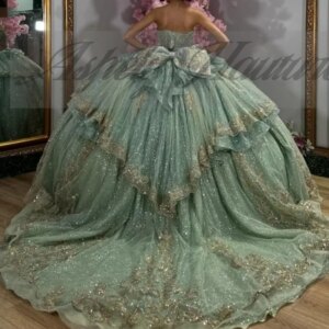 Customized Luxury Mint Green Quinceanera Dresses Crystal Gold Lace Applique Bow Women Prom Birthday Party Dress Vestido 15 16