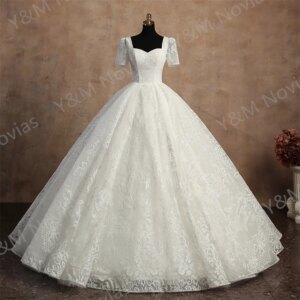 Glitter Wedding Dress New Vestido De Noiva Elegant Square Collar Wedding Gown With Petticoat Princess Luxury Lace Robe De Mariee