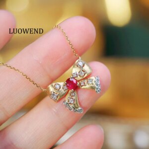 LUOWEND 100% 18K Yellow Gold Necklace Vintage Elegant Design Shiny Diamond Natural Ruby Necklace for Women High Wedding Jewelry