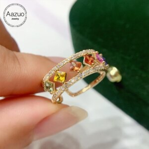 Aazuo 18K Yellow Gold Natrual Different Color Sapphire Real Diamond Open Ring Gifted For Woman Wedding Day Deluxe Banquet Party