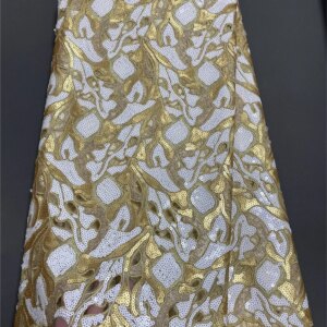 Gold最新 African Sequin Organza Lace Fabric 2024 High Quality French Tulle Lace Fabric Nigerian for Bridal Party Dress Q145-1