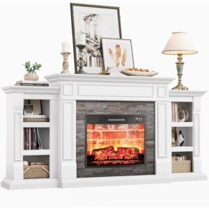 70″ Electric Fireplace with Mantel, Fireplace TV Stand for TVs Up to 80 Inch, Modern Entertainment Center with Storage,