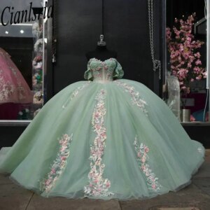 Mint Green Off The Shoulder Quinceanera Dresses Ball Gown Pearls Beading 3D Floral Lace Sweet 15 Años Mexican Customized