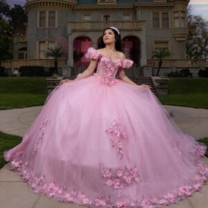 Customized Shiny Pink Off Shoulder Quinceanera Dress Lace Tull sequin applique 3D flower Long tail vestidos de 15 Quinceanera
