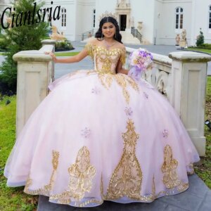 Pink Beading Tassel Ruffles Bow Quinceanera Dresses Ball Gown Gold Appliques Lace Sweet 15 Años Mexican Customized