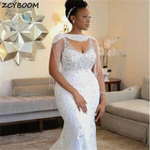 Customized Elegant Beading Tassel Sequin Mermaid Wedding Dresses For Women 2025 Detachable Sleeves Court Train Vestidos De Noiva