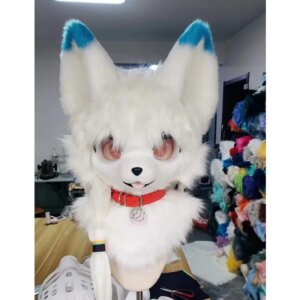 White Furuit Long-haired Cat and Fox Mascot Head Party Halloween Fur Role Play