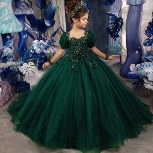 Emerald Girls Pageant Dresses Customized Sequins Appliques Children Birthday Gowns Sheer Neck Little Girls Photography Dresses