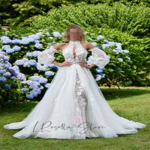 Shiny Lace Applique High Neckline Mermaid Wedding Dresses Custome Beaded Removable Sleeves and Train Backless Bridal Dresses