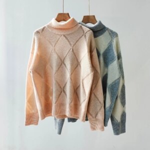 Autumn Winter B*C Women Wool Mohair Sweater Rhombic Sequins Turtleneck Long Sleeve Casual Ladies Knitted Pullover