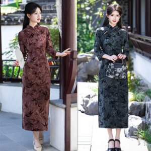 Old Shanghai Retro Chinese Style Middle-Aged and Elderly Women Long 3/4 Sleeves Tie-Dyed Cheongsam Qi Pao Autumn New