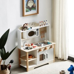 Play Kitchen, Wooden Kids Toy Kitchen Cooking Set, Kids Play Kitchen Pretend Play Set, Pretend Kitchen Playset for Toddlers Girl