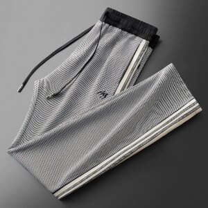 Summer fashion trend: Ice silk checkered color-blocking woven strap patchwork men’s loose slightly wide sport straight casual pa