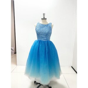 Blue Gradient Color Sequined Evening Dresses Shiny O-Neck Sleeveless Ball Gowns Prom Robe Fashion Tea-Length Party Dresses