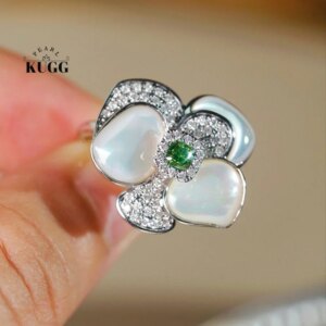 KUGG 100% 18K White Gold Rings Luxury Rose Design Real Natural Green Diamond Engagement Ring for Women High Party Jewelry