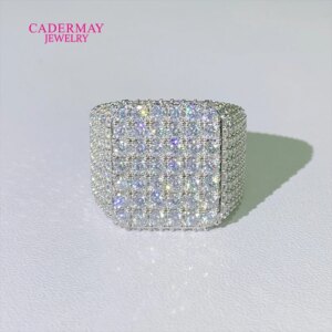 Hip-Hop Jewelry Bust Down Round Moissanite Cuban Ring Custom Made 925Silver Iced Out Square Moissanite Ring Men Gift