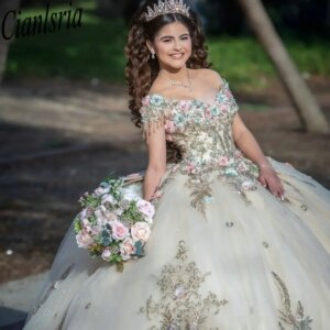 Champagne Off The Shoulder Bow Quinceanera Dresses Ball Gown 3D Flowers Appliques Lace Sweet 15 Años Mexican Customized