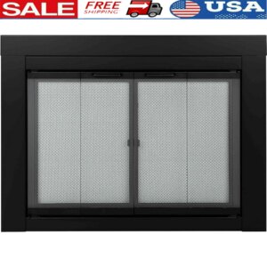 Small Black Fireplace Doors Tempered Glass Bi-Fold Design Clear View Air Control Slide Easy Grip Handles