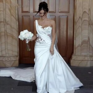 White Mermaid V-neck Sweep Train Satin Modern Wedding Dress 2023 Elegant vestido de noiva brautkleider robe de mariéeCL-369