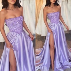 Sparkle Purple Mermaid Evening Formal Dress 2025 Strapless Sequined Silt Satin Women Prom Party Gowns Sexy Robe De Soiree