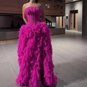Pink Ruffled Tulle Party Dresses Women Formal Dress Custom Strapless Crystals High Slit Elegant Long Prom Gown