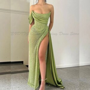 Elegant Green Evening Dress Strapless A Line Sleeveless Floor Length High Quality Customized Special Occasion Prom Banquet Gowns