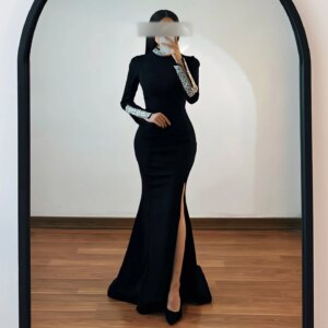 AsaNagi Customized Elegant Black Prom Gown Women’s Turtleneck Beaded Party Evening Dress Floor Length Formal Occasion Dresses