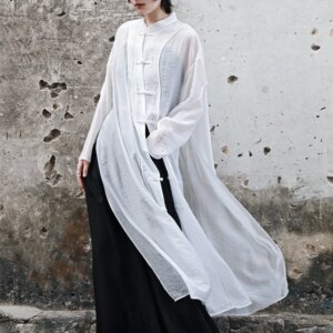 Retro Zen High Slit Chinese Knot Button Shirt Female 2024 Summer New Long Style Tea Art White
