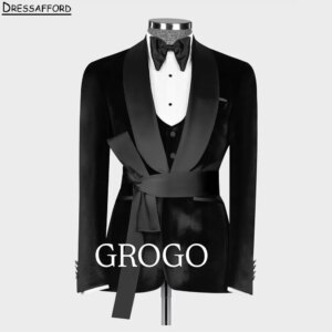Black Solid Formal Wedding Suits With Belt Men’s Business Suit 3 Pieces (Jacket+Vest+Pants) Man Tuxedo Groom Wear