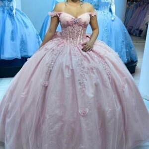 Customized Shiny Pink Off Shoulder Quinceanera Dress crystal sequin butterfly applique Tull Lace Bow vestidos de 15 Quinceanera