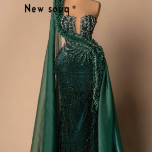 Dubai Arabic One Shoulder Evening Dress Green Ruffles Crystals Celebrity Party Gowns Customized Wedding Guest Prom Dresses Robes
