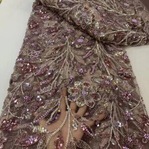 Luxury Beaded Lace Fabric High Quality African Lace Fabric Handmade Beaded Lace for Bridal Material French Lace Material Q112-1