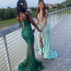 EVLAST Customized Mint Sequins Prom Dress Black Girls Silver Rhinestone Crystal Beaded High Slit Mermaid Party Gala Gown E3P299