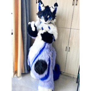 Blue Long Fur Husky Dog Fox Mascot Costume Fursuit Halloween Suit Cosplay