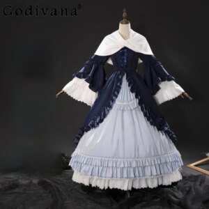 Women Vintage Cos Long Party Play Role Dress Blonde Holloween Cosplay Anime Dress Set Female Hat Accessories Costumes