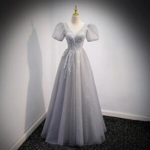 A Line Grey Shiny Women Evening Dresses Sequins V Neck Floor Length Smart Prom Party Gowns Vestido De Noche robes de soirée