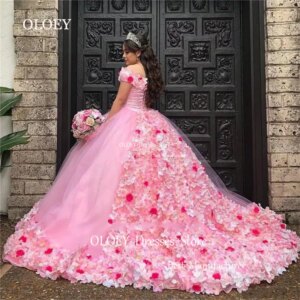 OLOEY Luxury Pink Quinceanera Dress Off Shoulder 3d Flowers Wedding Dress Royalty 15 18 Ball Gown Soft Tulle Train Lace Up Back