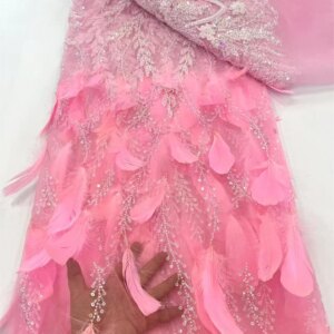 Latest Luxury Elegant African Feather Beaded Lace Fabric Embroidery With Sequins Nigerian Tulle For Wedding Party Long Dress