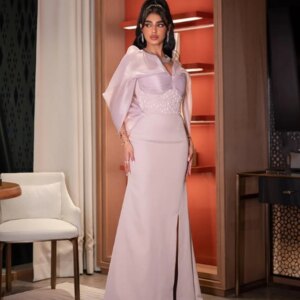 Customized High quality Formal Retro Simple Jersey Bow Pleat Straight V-neck Long Dresses Prom Dresses Matching Classic