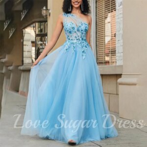 Sexy One Shoulder Evening Dresses For Women A Line Lace Applique Prom Dress Long Tulle Formal Party Gowns vestidos para mujer